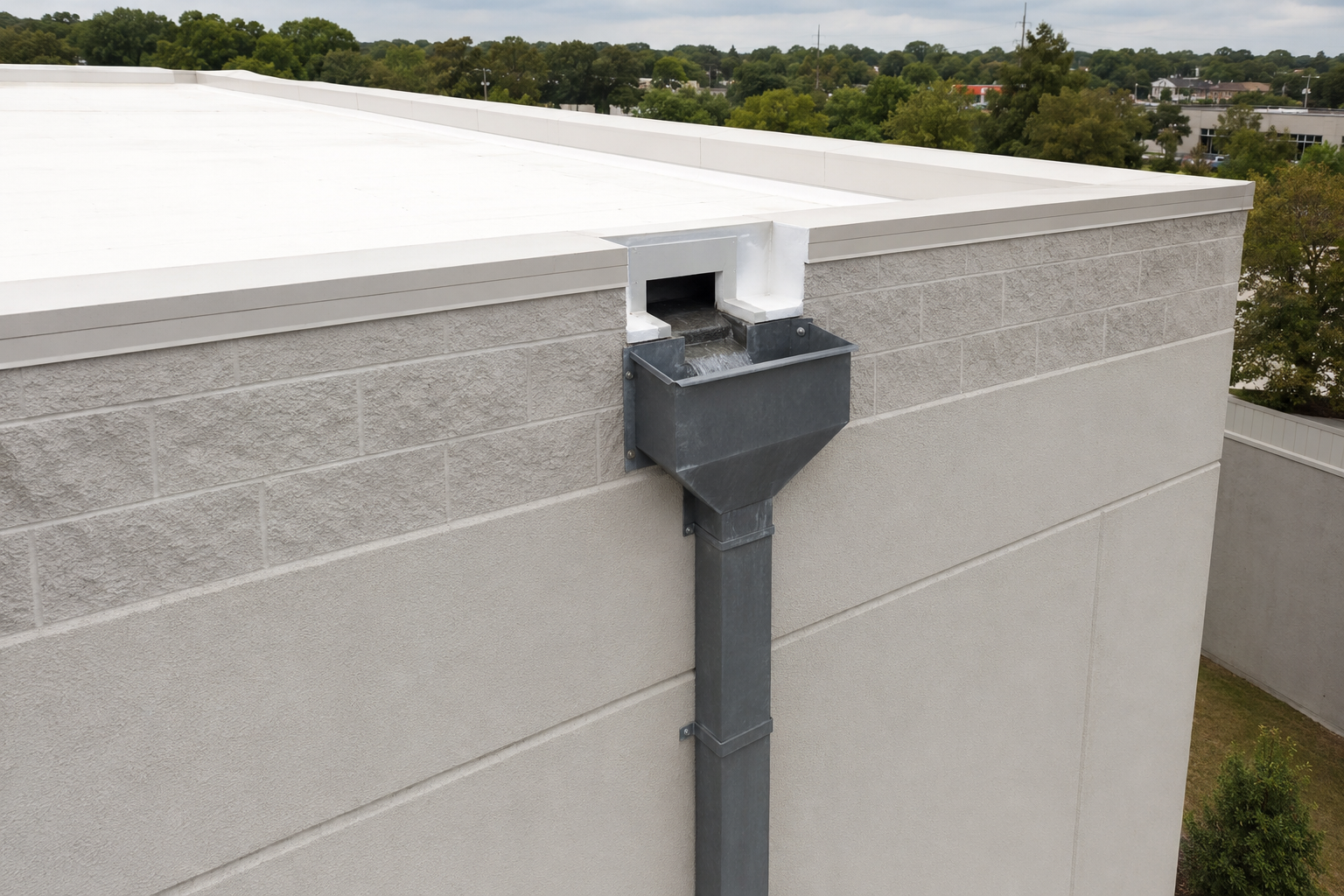 Commercial parapet scupper feeding an exterior collector head and downspout